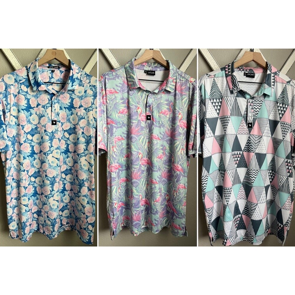 Bad Birdie Lot 3 Mens XL Golf Performance Polo Shirts Floral Flamingos Geometric